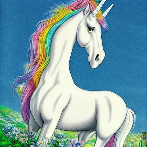 Prompt: A stunningly beautiful mystical unicorn :: hyperdetailed :: hyper realistic :: by Ghibli Studio :: in the style of Fantasy Art