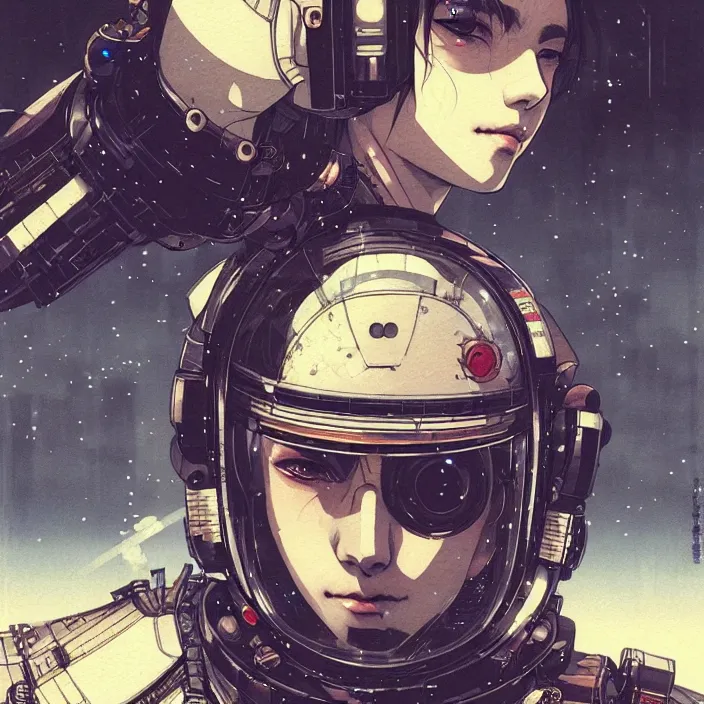 Image similar to a beautiful ukiyo painting of cyberpunk space pilot, wearing space techwear, detailed symmetrical close up portrait, intricate complexity, concept art, by takato yamamoto, wlop, artgem, krenz cushart. cinematic dramatic atmosphere, sharp focus, award winning