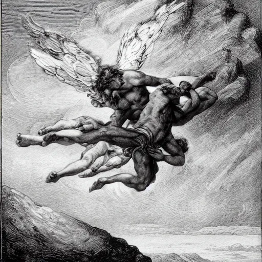 Prompt: A biblical painting of Jacob dropkicking an angel at the top of a mountain by Gustave Doré, black and white palette, Scenic, Dramatic, detailed, dropkick