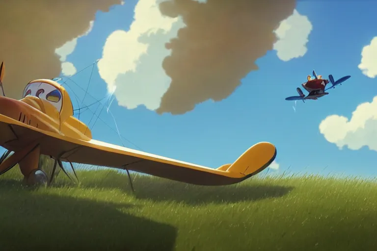 Image similar to a wholesome animation key shot of a cat looking a biplane! in the sky, medium shot, studio ghibli, pixar and disney animation, sharp, rendered in unreal engine 5, anime key art by greg rutkowski, bloom, dramatic lighting