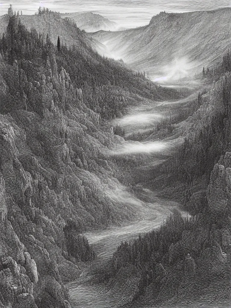 Image similar to an engraving of yellowstone national park by gustave dore and albrecht durer highly detailed, fog, depth, lithograph engraving