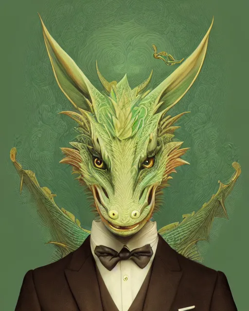 Prompt: anthropomorphic art of a businessman dragon, green dragon, portrait, victorian inspired clothing by artgerm, victo ngai, ryohei hase, artstation. fractal papers, newspaper. stock certificate, highly detailed digital painting, smooth, global illumination, fantasy art, jc leyendecker