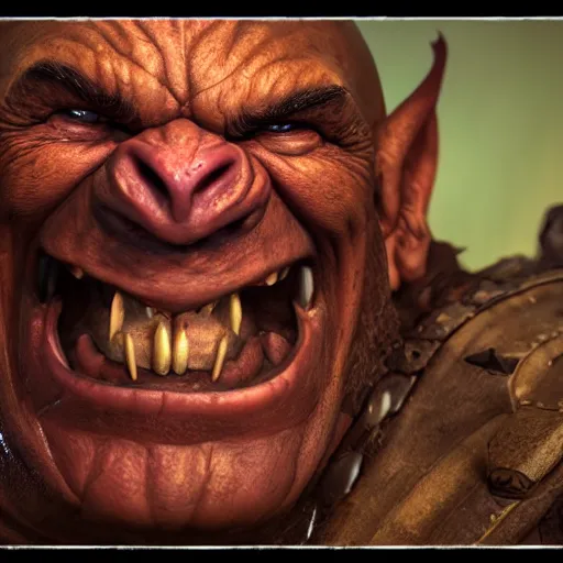 Image similar to An orc smiling into the camera, portrait, artstation, realistic, highly detailed, bokeh, by Alex Flores, by Laurel D Austin, by Dave Rapoza