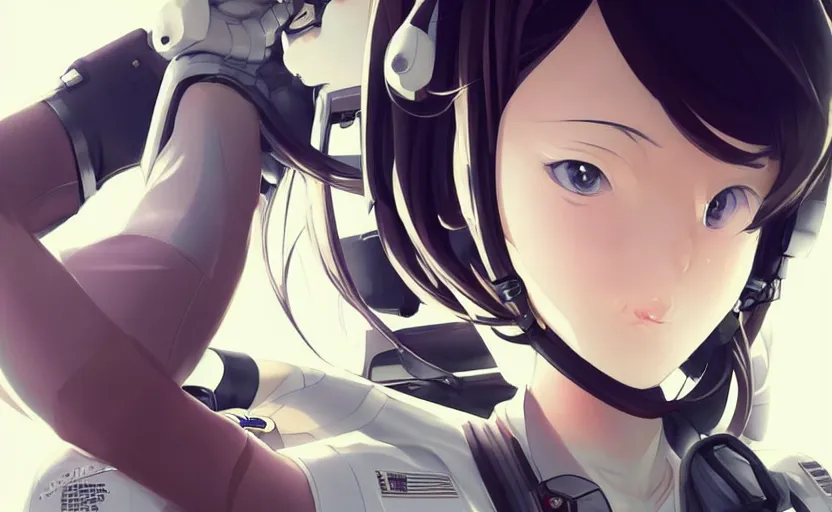 Prompt: pilot girl in her airplane, cyborg parts, anime style, occlusion shadow, specular reflection, rim light, unreal engine, range murata, artstation, pinterest, art by hiroaki samura and ilya kuvshinov and rossdraws, intricate, highly detailed 8 k, art deco illustration, extremely beautiful shape of face, neck, shoulders eyes