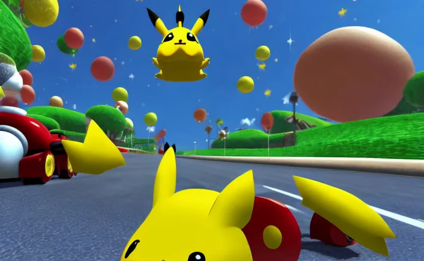 Image similar to Pikachu in Mario Kart, screenshot,