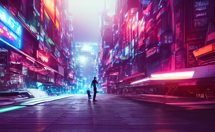 Prompt: you are looking for a giant of 1 km of hight walking on the small city, tron, close up bokeh hiperrealistic neon glow darkness dramatic neon f - zero ships, sharp focus, octane render, imax