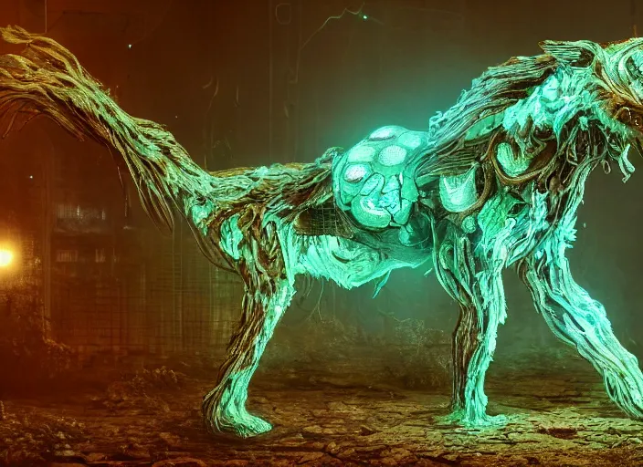 Image similar to detailed bioluminescence nightmare Chernobyl mutated animal in full intricate detail, ultra detailed, digital art, octane render, 4K, dystopian, micro details