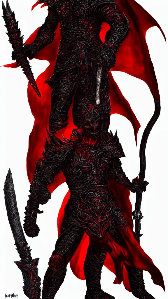 Image similar to male demon holding a flame sword, black metallic armor, red cape, detailed arms, intricate black armor, two arms, two legs, detailed fanart, rpg art, d&d art, macro art, digital art, DeviantArt, artstation, 8k HD