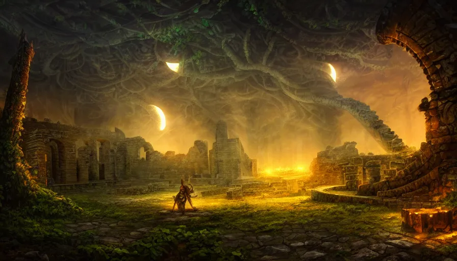 Image similar to a glowing gigantic sword in the floor in ancient ruins, vines, forest, hyperrealistic, highly detailed, cinematic, single ray of moon, beautiful, cgssociety, artstation, 8 k, oil painting