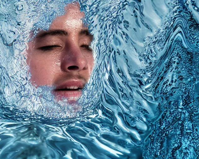 Prompt: water art manipulation of a surreal human head with open eyes burried in the ocean, shot from the top, hyper realistic, ray tracing, realistic water, sharp focus, 8 k resolution, cinematic