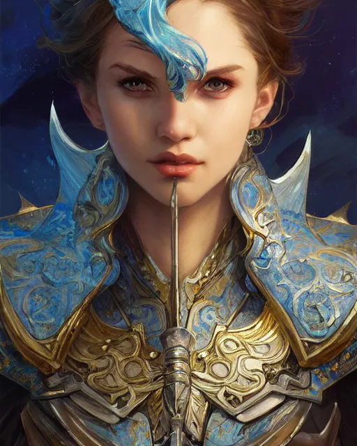 Image similar to Portrait of a Fantasy azure knight, moonlit, HD, illustration, epic, D&D, fantasy, intricate, elegant, highly detailed, digital painting, artstation, concept art, smooth, sharp focus, illustration, art by artgerm and greg rutkowski and alphonse mucha, monster hunter illustrations art book