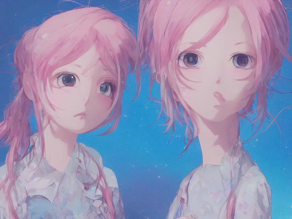 Image similar to colorful blueprint kawaii pink hair anime girl, close - up portrait, illustration, intricate, elegant, volumetric lighting, digital painting, highly detailed, artstation, colorful, beautiful, studio ghibli, hayao miyazaki, takashi murakami, alfons mucha, manga, cute and adorable