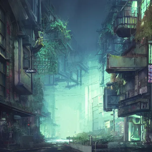 Cyberpunk streets illustration, futuristic city, dystoptic artwork at  night, 4k wallpaper. Rain foggy, moody empty future. Evil buildings Stock  Illustration