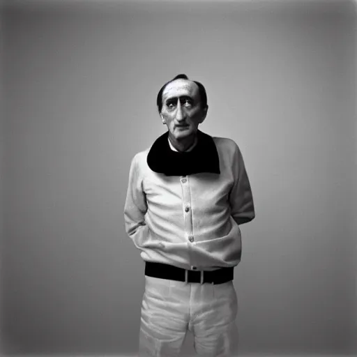 Image similar to Marcel Duchamp in a empty white void, tri-x, Trent Parke, Richard Avedon, archival pigment print, occult dream, contemporary art