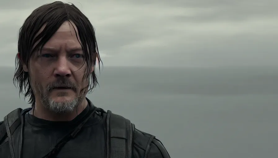 Prompt: Norman Reedus in Death Stranding, landscape, high contrast lighting, spherical lens, IMAX cinematography by Roger Deakins 4k