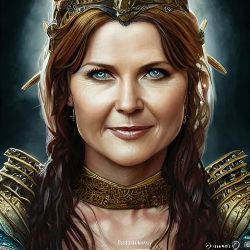 Prompt: portrait of Lucy Lawless as a warrior woman, looking at camera, D&D, intricate, elegant, stylish, cute smile, mouth slightly open, fantasy, extremely detailed, digital painting, artstation, concept art, smooth, sharp focus, illustration, stunning lighting, art by artgerm and greg rutkowski and alphonse mucha and simon stalenhag.