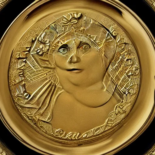 Image similar to a gold coin with a clock face printed on it, complex, high detail, close up