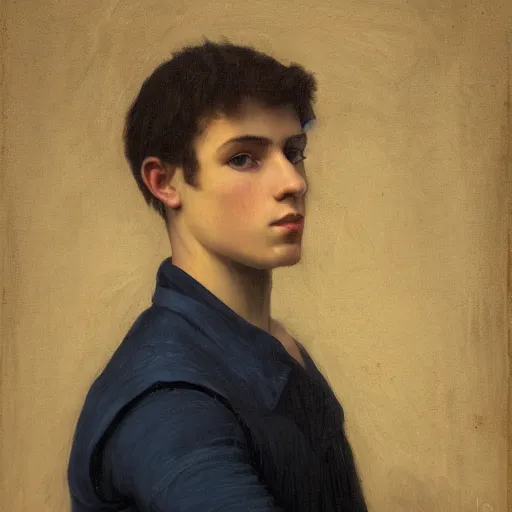 Prompt: portrait painting of young man, in the style of Sergeant and Bouguereau, masterpiece, texture, dark background, blue