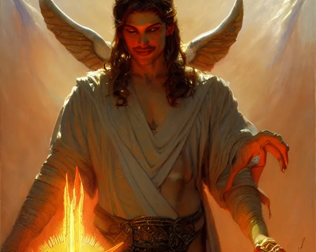 Prompt: grandiose male deity, casting demonic magic, summoning handsome lucifer morning star. highly detailed painting by gaston bussiere, craig mullins, j. c. leyendecker 8 k