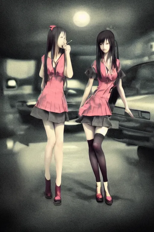 Prompt: art by 3d D. Jun, by 3d Mo Xiang Tong Xiu, Infrared Unreal Engine 3d dark render, beauty anime schoolgirls in Japanese maid's clothes and smoking inside a JDM car at night in a parking lot, anime vintage colors, polaroid, foggy, smoke, steam, parov, daz 3d, octane render, trending on artstation, volumetric light, cinematic render, ultra realistic, oil painting