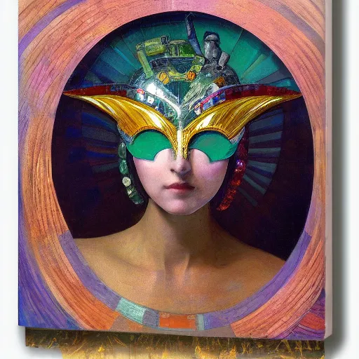 Image similar to the robot in her bejeweled bird mask, by Annie Swynnerton and Diego Rivera, symbolist, dramatic lighting, elaborate geometric ornament, Art Deco,god rays, soft cool colors,smooth, sharp focus, extremely detailed, Adolf Wölfli