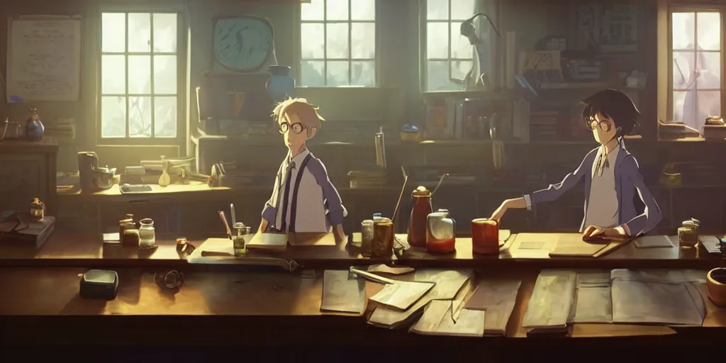 Image similar to a wizard with brown hair is standing at his desk working with jars of liquids, beakers of bubbling potions, coherent, medium shot, waist up, studio ghibli, pixar and disney animation, sharp, rendered in unreal engine 5, anime key art by greg rutkowski, bloom, dramatic lighting