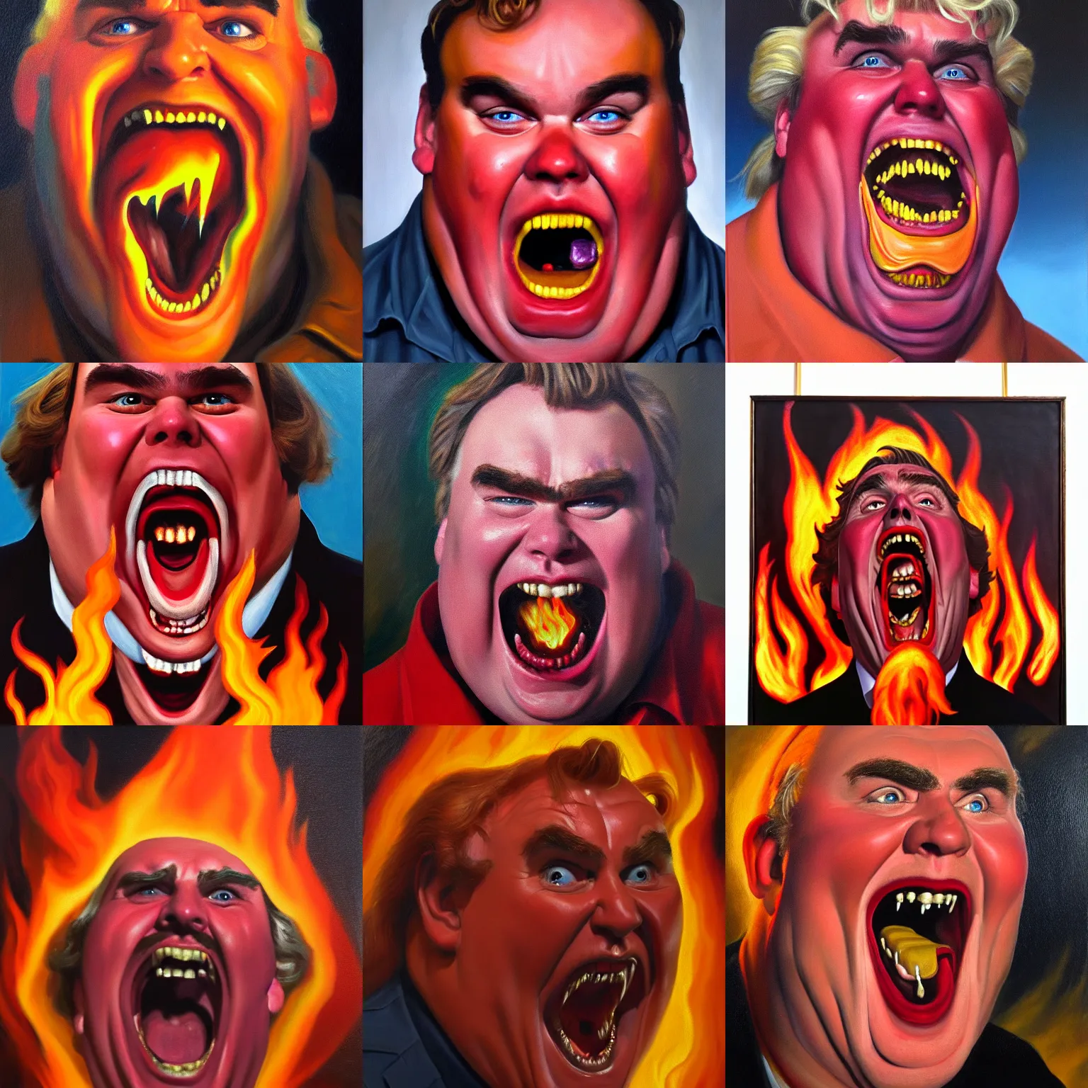 Prompt: portrait from hell, john candy screaming in fear, fire and brimstone, oil on canvas by sidney mount, trending on artstation
