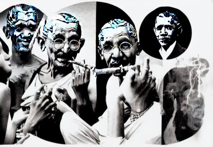 Image similar to Gandhi , Obama, Jesus, And Lady GaGa sharing a joint smoking in a circle, photograph credit: AP, Andy Warhol, photograph, by Beeple