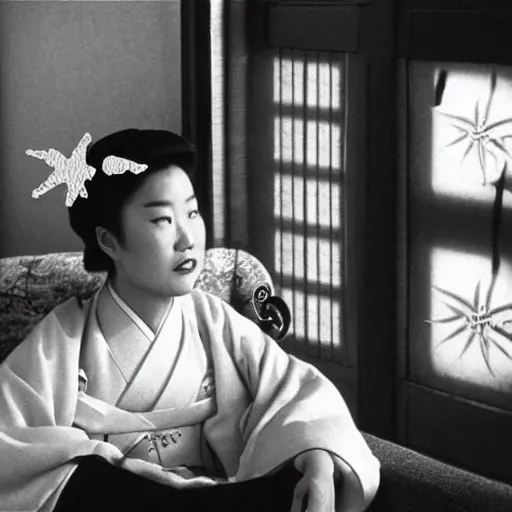 Image similar to a woman in a hanbok sitting on a couch, a starfish arm coming through the window, minimal cinematography by Akira Kurosawa, movie filmstill, 1950s film noir, thriller by Kim Jong-il and Shin Sang-ok, monster movie, tri-x 3200