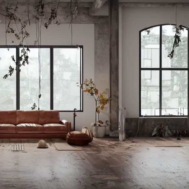 Image similar to post and beam a - frame interior, tall ceilings and loft, caramel leather couch, vintage fridge, large window in back with fall foliage, many plants hanging, marble countertops, spiral staircase, realistic, unreal engine render, octane render, hyper realistic, photo, 8 k