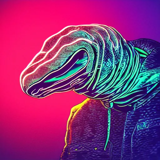 Image similar to detailed snake head in hoodie, vaporwave, synthwave, neon, vector graphics, cinematic, volumetric lighting, f 8 aperture, cinematic eastman 5 3 8 4 film, photorealistic