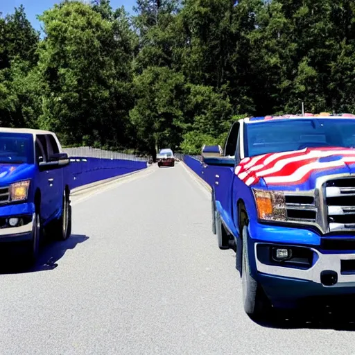 Image similar to photo of big blue biden pickup trucks with american flags on them. biden is written on the side of the truck.