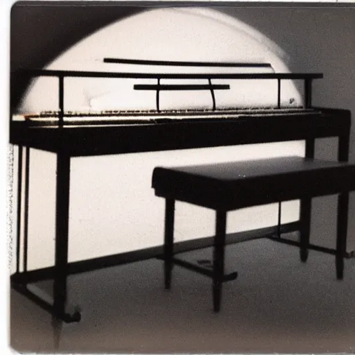 Prompt: a Polaroid photo of a transparent perspex piano, beams of light, nostalgic