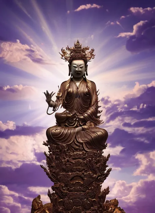 Image similar to guanyin stand on big loutus, a godness of the southern seas, a realistic setting with muted colors, visual novel cover, by yoshitaka amano, zeng fanzhi, jane hamilton, tiffany studios, sunrays shine uponit, frostbite 3 engine, cryengine, dof, trending on artstation, digital art, fantasy detailed background