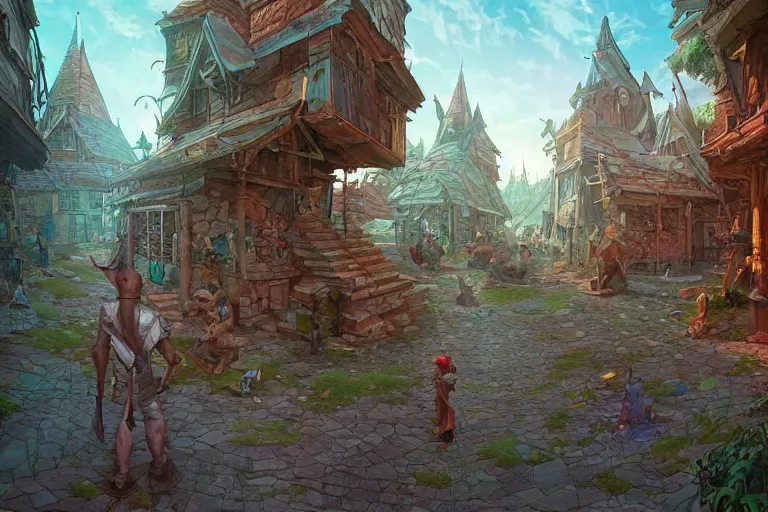 Image similar to one point perspective fantasy triangular orb village street view by artgerm and Craig Mullins, James Jean, Andrey Ryabovichev, Mark Simonetti and Peter Morbacher 16k