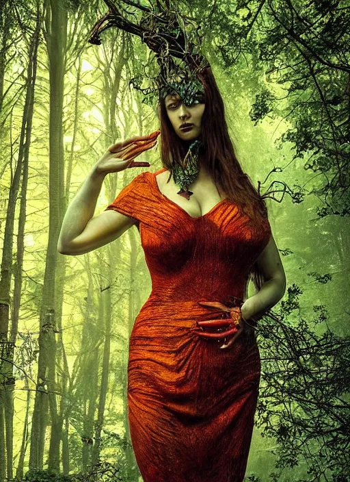 Prompt: junoesque curvaceous fey queen, vine dress, glowing forest, strong line, eerie color, beautiful! coherent! by mariusz lewandowski