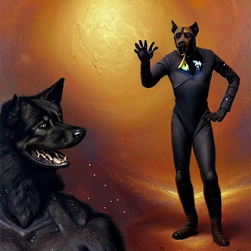 Image similar to fullbody of a black german shepard dogman man alien in jumpsuit starfleet star trek risa. highly detailed painting by gaston bussiere craig mullins jc