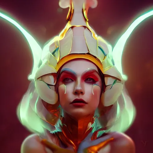 Image similar to beautiful futuristic goddess of jesters wearing a costume head piece and makeup, 8k resolution digital painting, cool cinematic lighting, DeviantArt Artstation, by Jason Felix and Ross Tran and Alessio Albi and Marta Syrko and WLOP