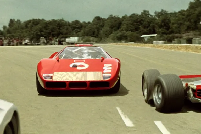 Image similar to vintage archival race footage of a single 1965 Ferrari F40, with elements of the De Tomaso Pantera, Lotus, GT40, BMW M1, and Countach, movie still, speed, cinematic Eastman 5384 film