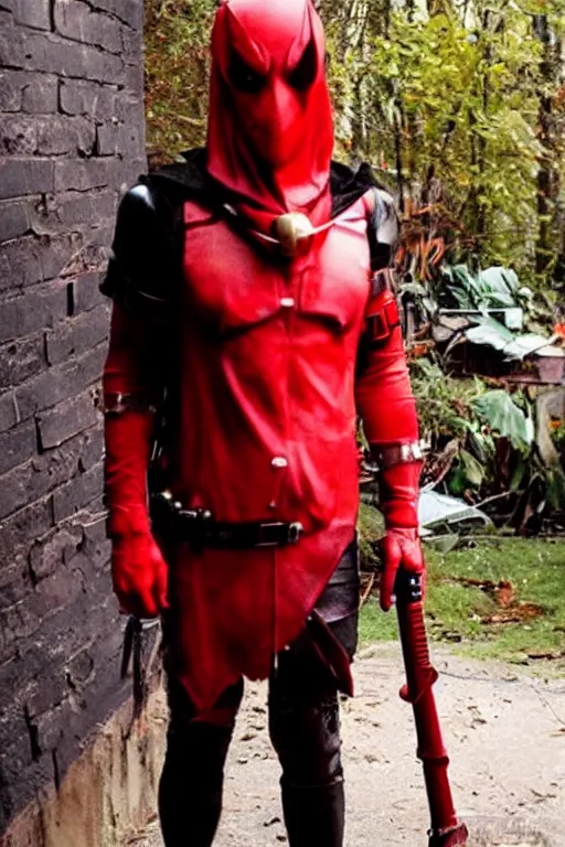 Prompt: red hood cosplay, creepy, disturbing, bloody, darkness