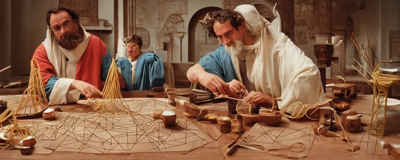 Image similar to ancient greek mathematician discovering geometry with spaghetti kodachrome, in the style of wes anderson, retro