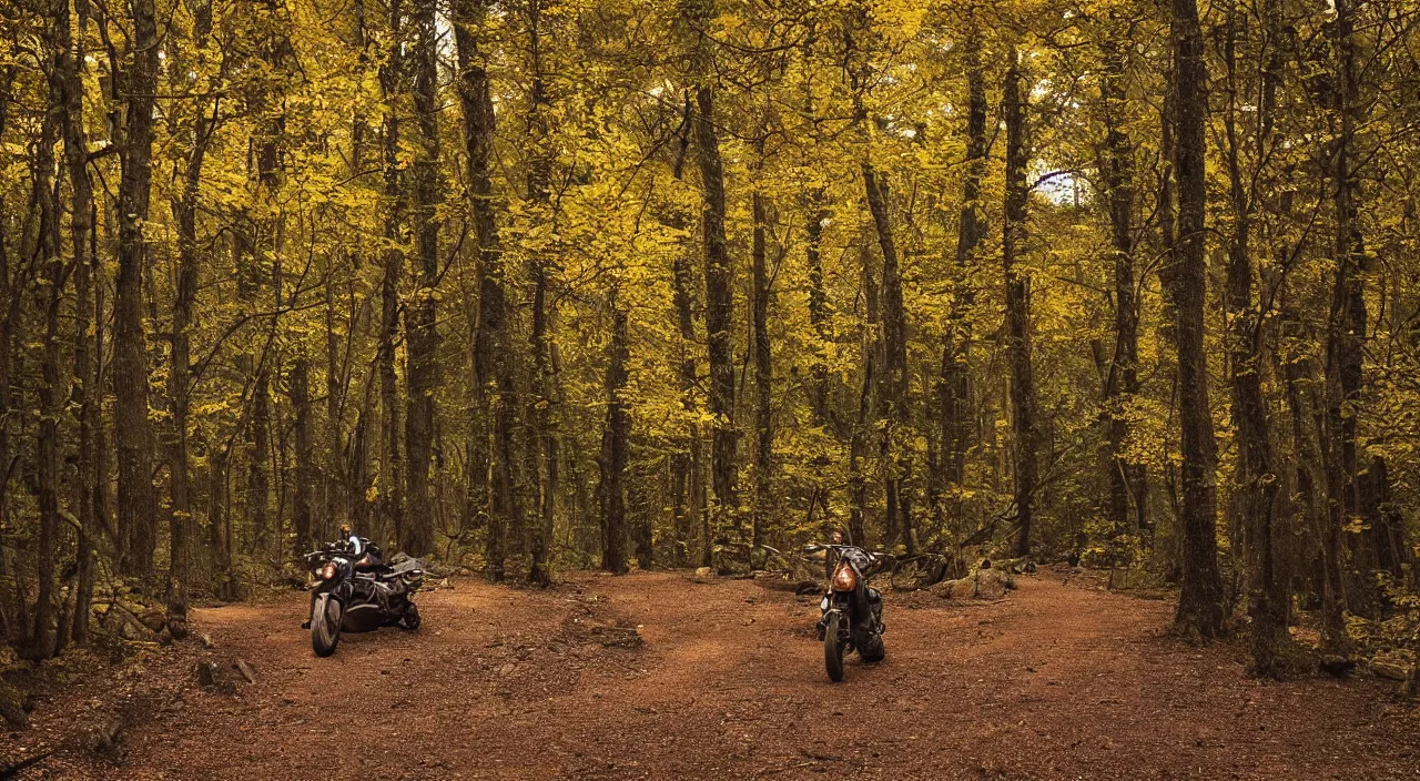 Image similar to A winding dirt path through the autumn forest. Hammock, Fireside, Motorcycle, Stars. Jakub Rozalski. A portrait photo, anime face by the fireside. a monk in a tan trenchcoat with an anime face sitting next to his motorbike in a dark forest by the fireside on the top of a mountain looking out over a far-reaching landscape full of beauty, trees, ocean, wildlife. Atmospheric, Kodak, fuji film, HGTV, 12k ursa, cinematic. atmospheric, hyper realistic, 8k, epic composition, cinematic, octane render, artstation landscape vista photography by Carr Clifton & Galen Rowell, 16K resolution, Landscape veduta photo by Dustin Lefevre & tdraw, 8k resolution, detailed landscape painting by Ivan Shishkin, DeviantArt, Flickr, rendered in Enscape, Miyazaki, Nausicaa Ghibli, Breath of The Wild, 4k detailed post processing, artstation, rendering by octane, unreal engine