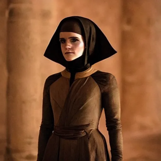 Prompt: Emma Watson as a bene-gesserit, ominous, brooding, dark