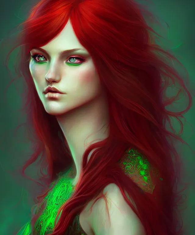 Prompt: Fae teenage girl, portrait, face, long red hair, green highlights, fantasy, intricate, elegant, highly detailed, digital painting, artstation, concept art, smooth, sharp focus, illustration