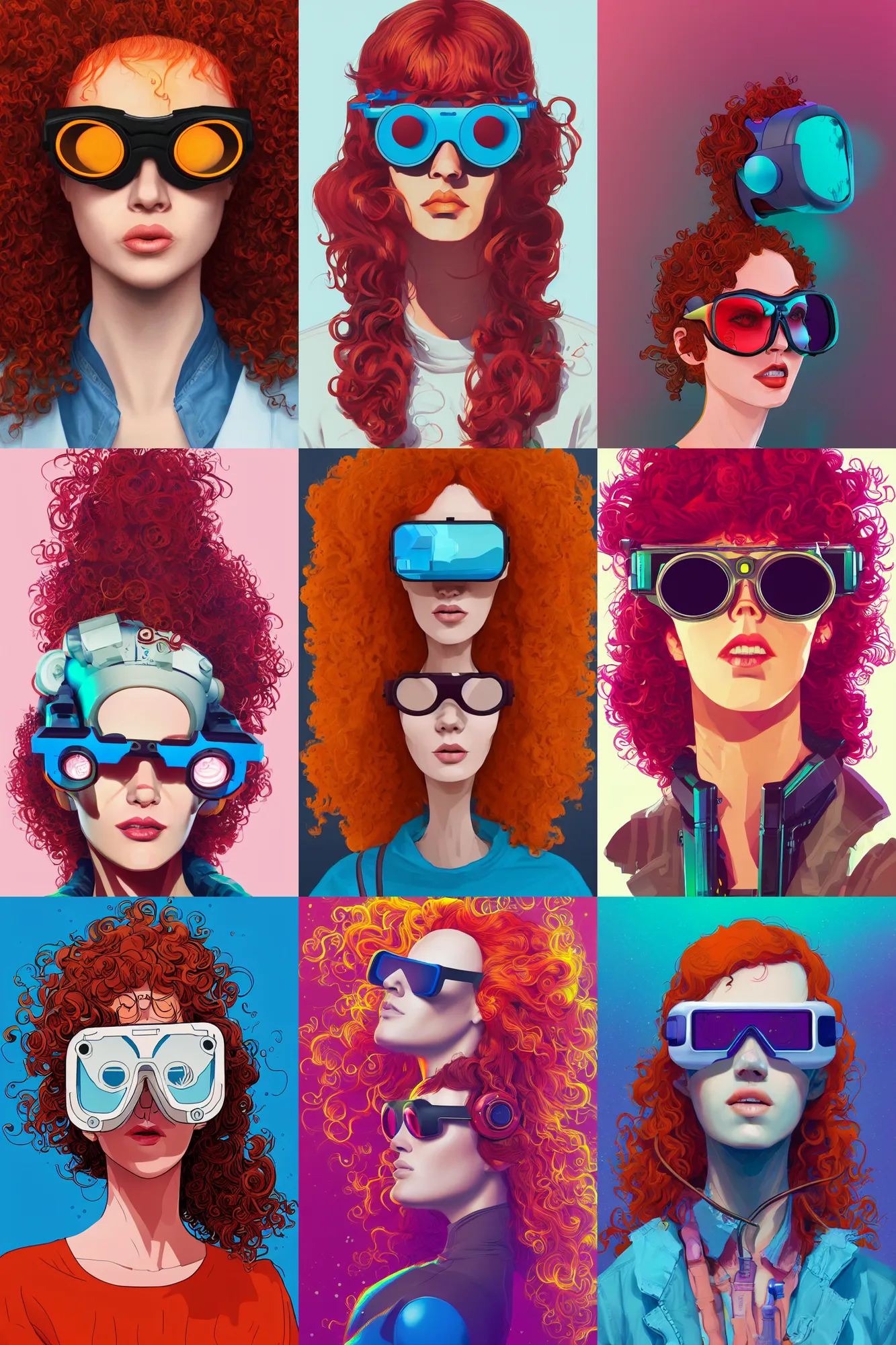 Prompt: curly redhead woman wearing a thin vr glasses, colorful lenses, mate, sci - fi, vibrant, trending on artstation, josan gonzalez