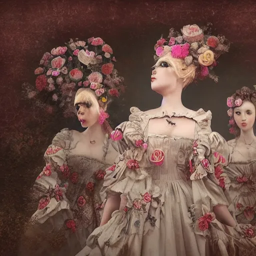 Image similar to 8k, octane render, realism, rococo, baroque, tonalism, renaissance, group of creepy young ladies wearing long harajuku manga dress with flowers and skulls, background chaotic flowers