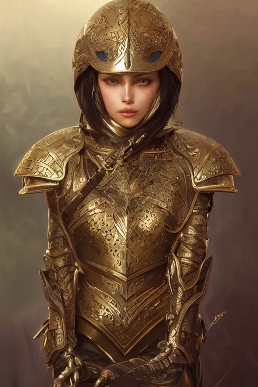 Image similar to attractive young female, ornate metallic helmet, battle armor, olive skin, long dark hair, beautiful bone structure, intricate, elegant, highly detailed, digital painting, artstation, concept art, smooth, sharp focus, illustration, art by artgerm and greg rutkowski and alphonse mucha