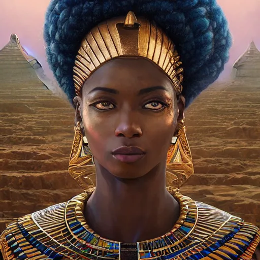 Image similar to highly detailed portrait of an african egyptian goddess, intricate alien technology, stephen bliss, unreal engine, fantasy art by greg rutkowski, loish, rhads, ferdinand knab, makoto shinkai and lois van baarle, ilya kuvshinov, rossdraws, tom bagshaw, global illumination, radiant light, detailed and intricate environment