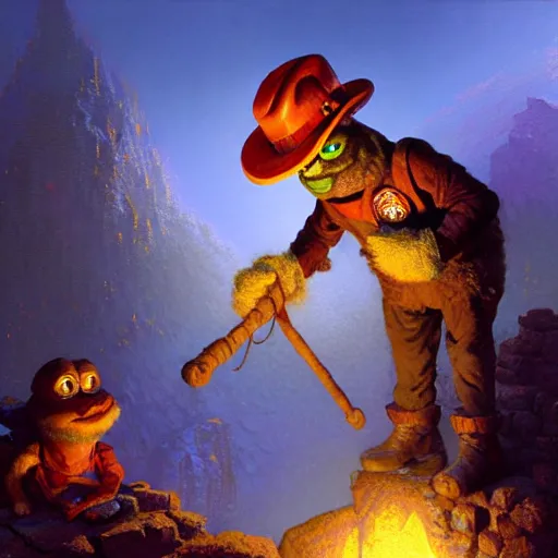 Prompt: pepe the miner with crystals, craig mullins, thomas kinkade