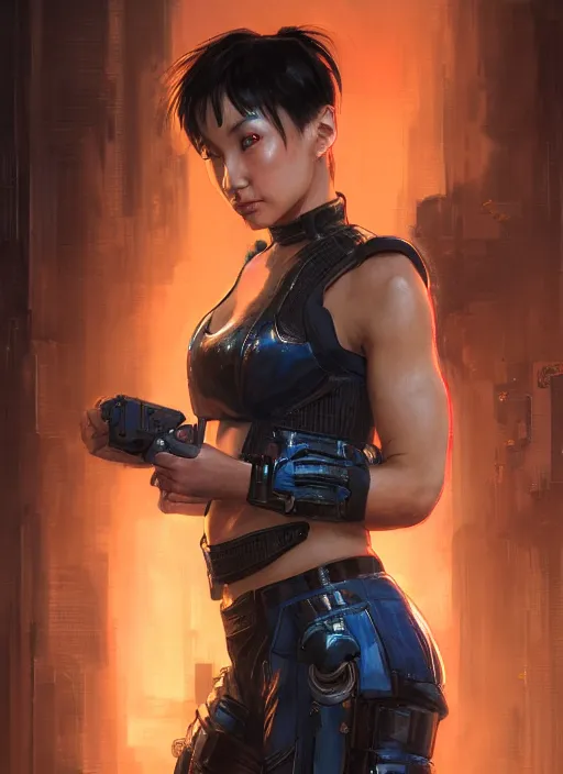 Image similar to chun li. cyberpunk police trooper in a military vest ( blade runner 2 0 4 9, cyberpunk 2 0 7 7 ). orientalist portrait by john william waterhouse and james gurney and theodore ralli and nasreddine dinet, oil on canvas. cinematic, hyper realism, realistic proportions, dramatic lighting, high detail 4 k